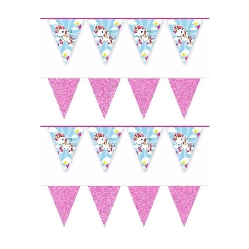 4x Vlaggenlijnen eenhoorn en roze glitters 10 meter -