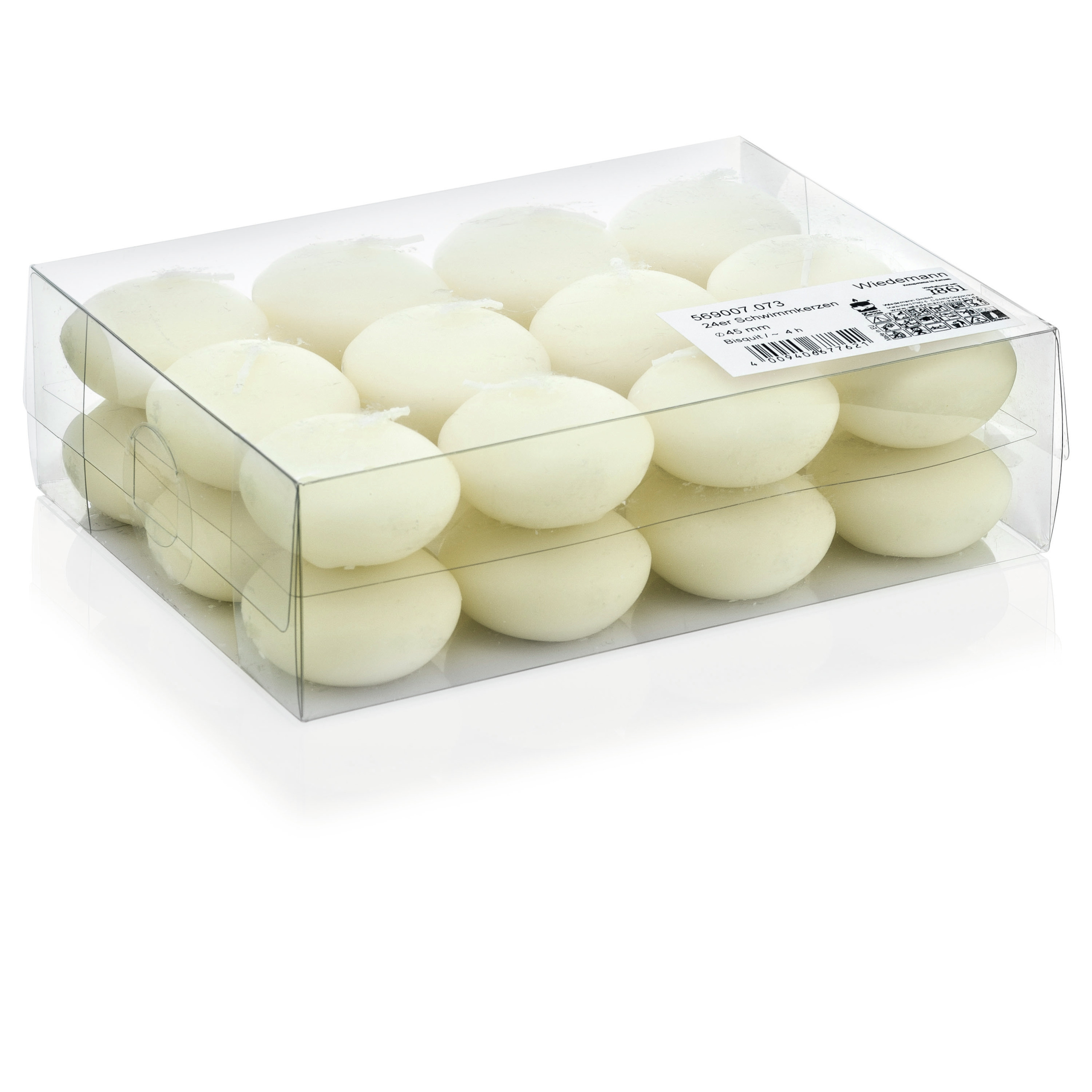 24x Huwelijk/Bruifloft cremewitte drijfkaarsen 4,5 cm -