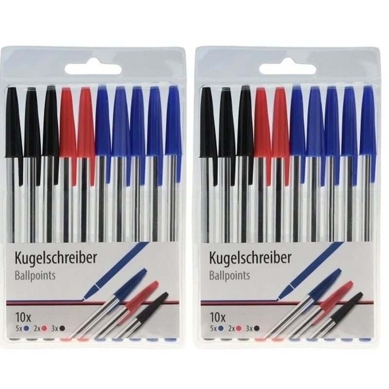 20x Balpennen zwart/blauw/rood -