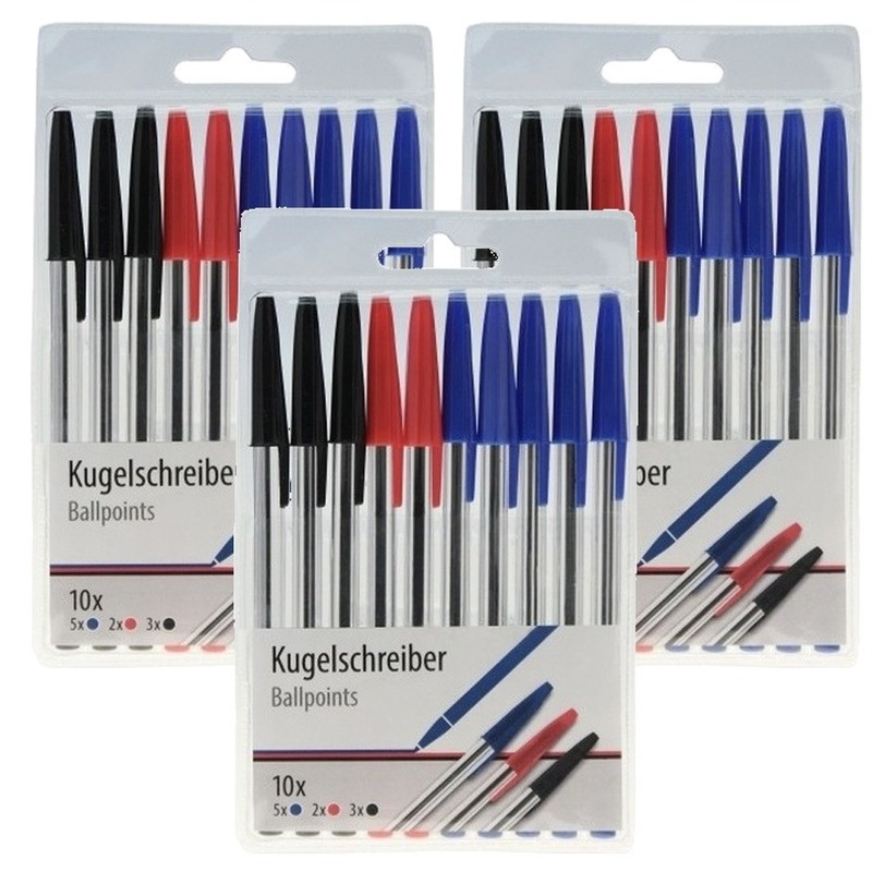 30x Balpennen zwart/blauw/rood -