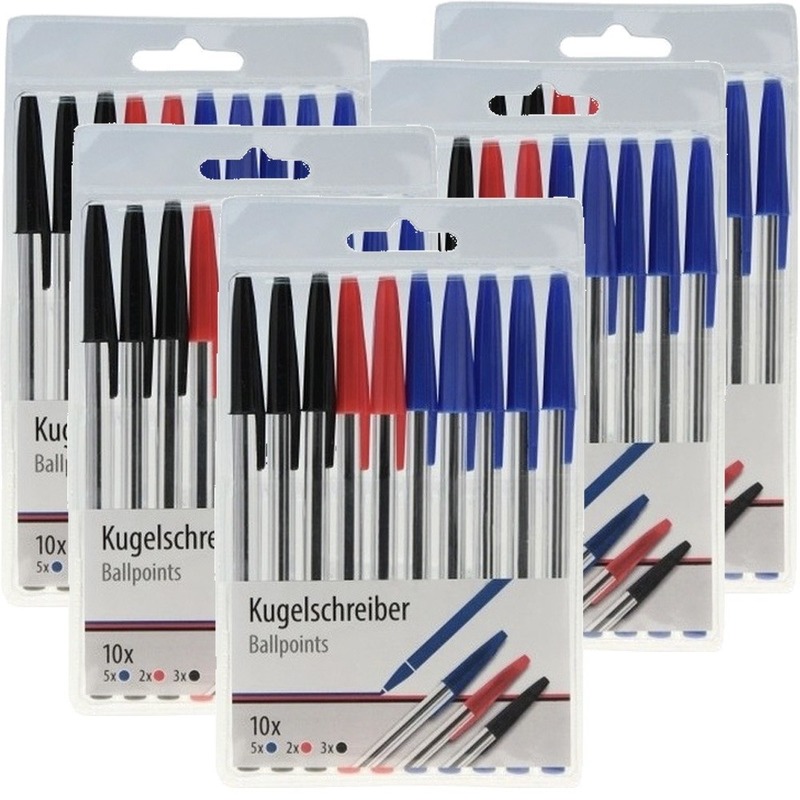 50x Balpennen zwart/blauw/rood -