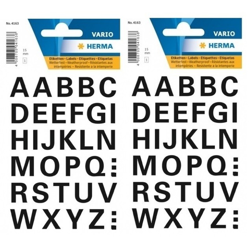 64x Letters plak stickers - zwart - 15 mm - Stickervellen met alfabet letters zwart - Alfabet -