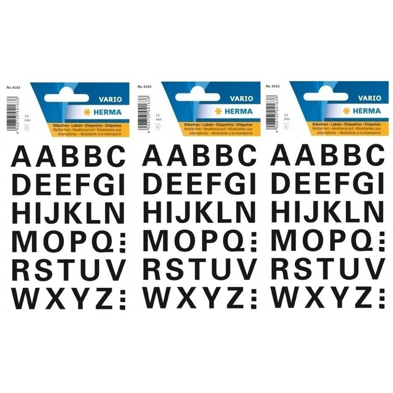 96x Letters plak stickers - zwart - 15 mm - Stickervellen met alfabet letters zwart - Alfabet -