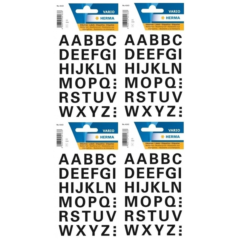 128x Letters plak stickers - zwart - 15 mm - Stickervellen met alfabet letters zwart - Alfabet -
