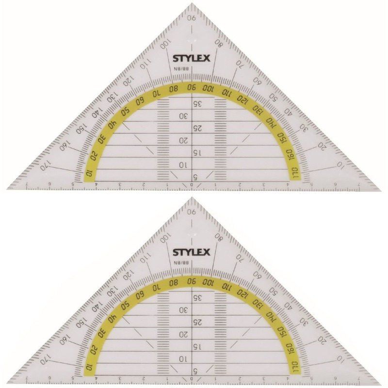 2x Geodriehoeken met liniaal en gradenboog 14 cm -