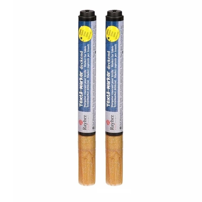 Rayher hobby textielstiften - 2x - glitter goud - dikke punt - voor op kleding/stof -