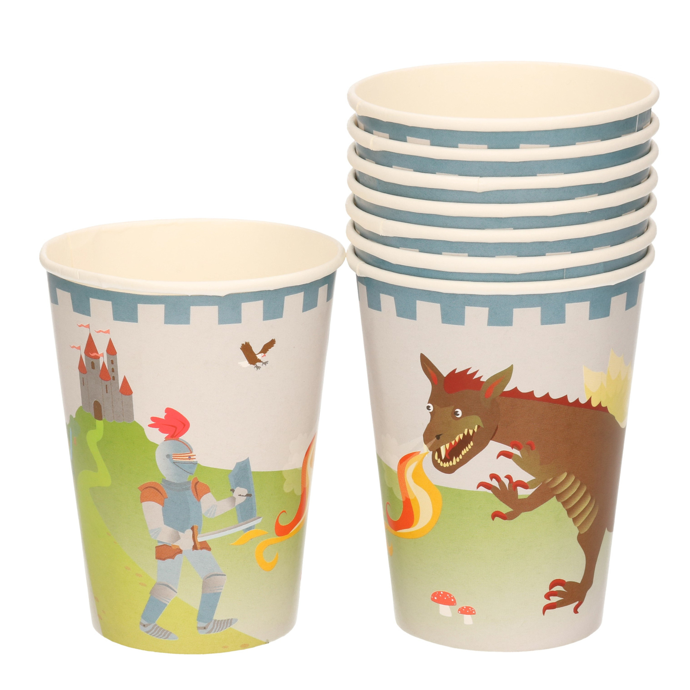 Ridders/draken thema drinkbekers van karton - 8x stuks - 200 ml - Kinder verjaardag feestartikelen -