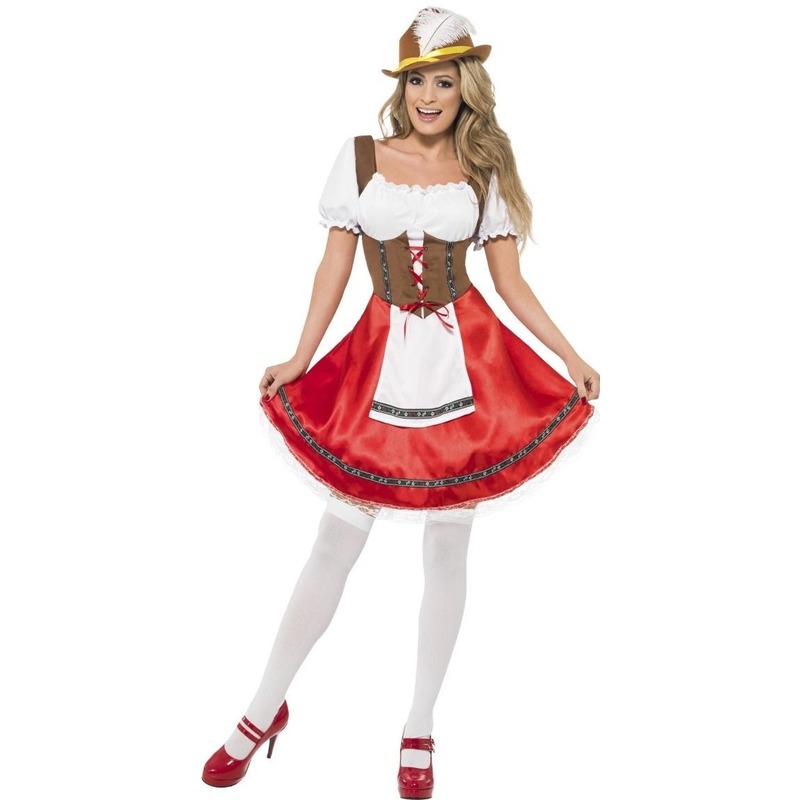Rode/bruine Tiroler dirndl verkleed kostuum/jurkje voor dames 36-38 (S) -