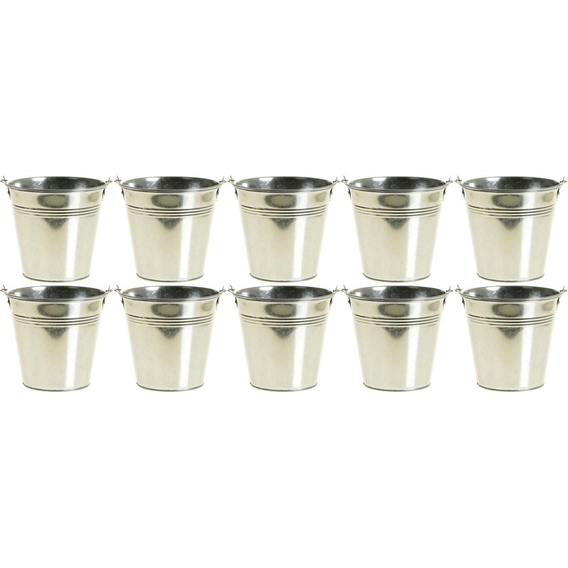 10x Zinken emmertjes/bloempotjes zilver 14 cm hoog -