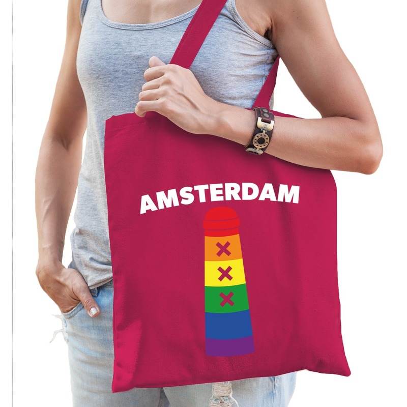 Gay pride Amsterdamse paal regenboog katoenen tas roze -
