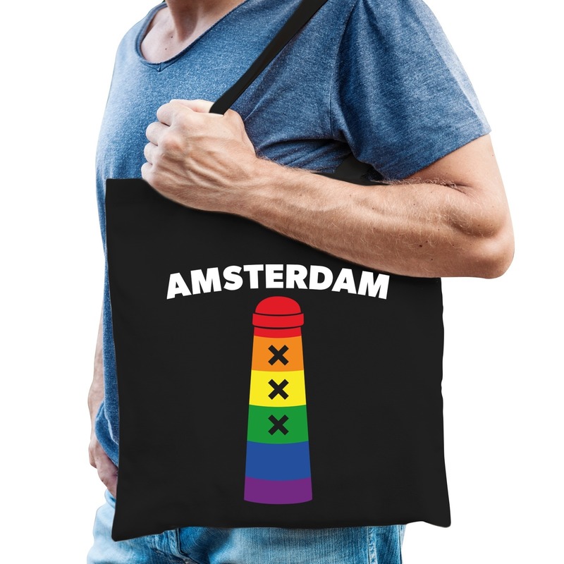 Gaypride Amsterdammertje regenboog katoenen tas zwart -