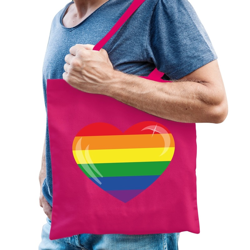 Gaypride regenboog hart katoenen tas roze -