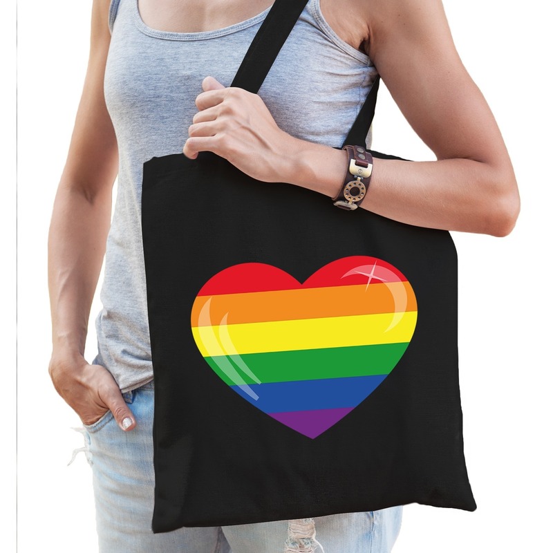 Gaypride regenboog hart katoenen tas zwart -