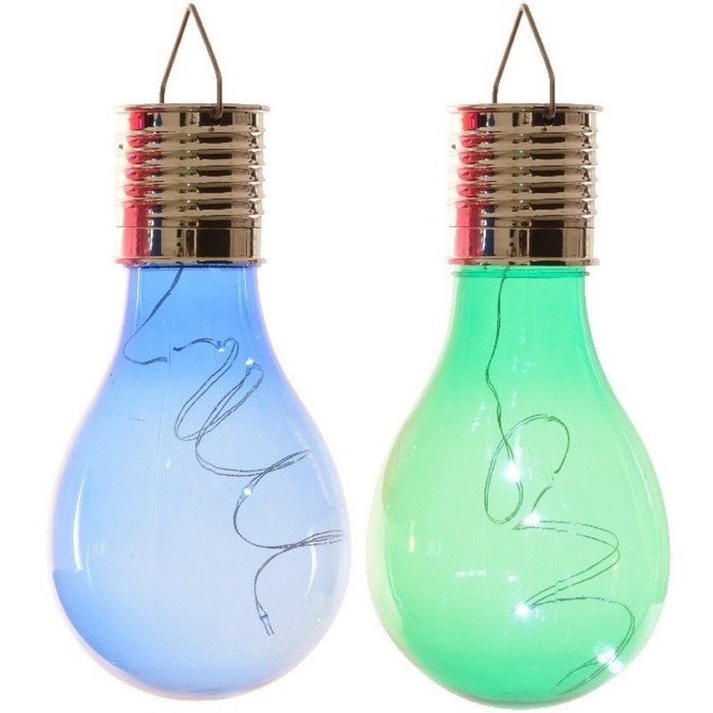 2x Buiten/tuin LED blauw/groen peertjes solar verlichting 14 cm -