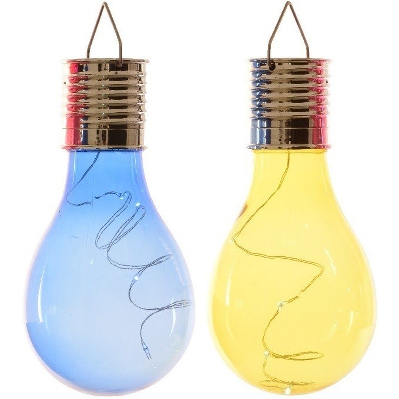 2x Buiten/tuin LED blauw/geel peertjes solar verlichting 14 cm -