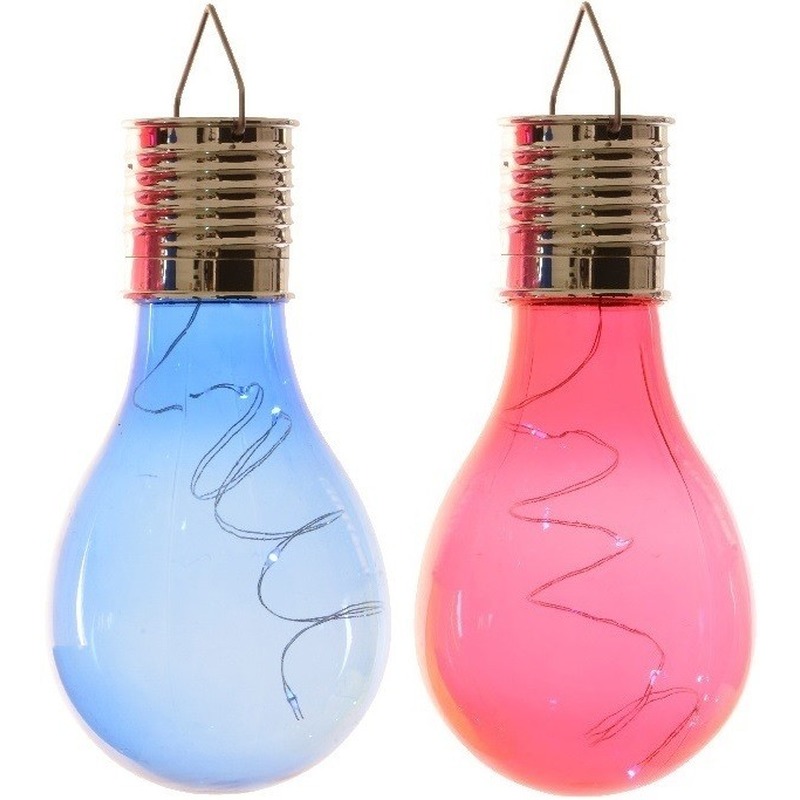 2x Buiten/tuin LED blauw/rood peertjes solar verlichting 14 cm -