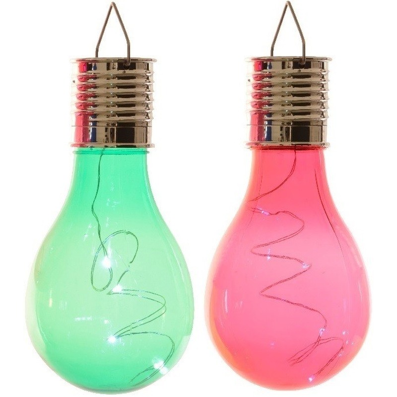 2x Buiten/tuin LED groen/rood peertjes solar verlichting 14 cm -