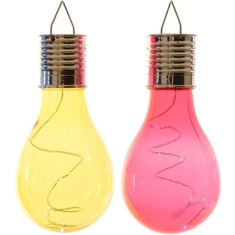 2x Buiten/tuin LED geel/rood peertjes solar verlichting 14 cm -