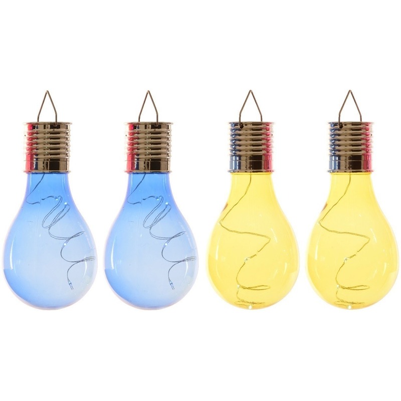 4x Buiten/tuin LED blauw/geel peertjes solar verlichting 14 cm -