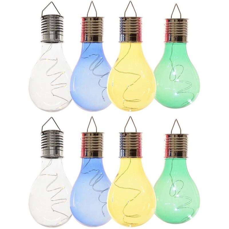 8x Buiten LED wit/blauw/groen/geel peertjes solar lampen 14 cm -