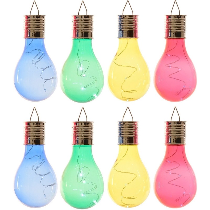 8x Buiten LED blauw/groen/geel/rood peertjes solar lampen 14 cm -
