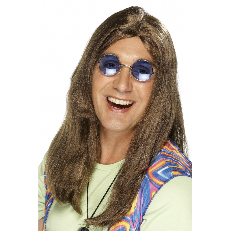 Carnaval verkleed hippie herenpruik - Bruin - lang haar - Sixties - Flower Power -