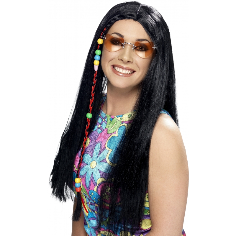 Carnaval verkleed Hippie Sixties damespruik - zwart - lang haar - met vlechten -