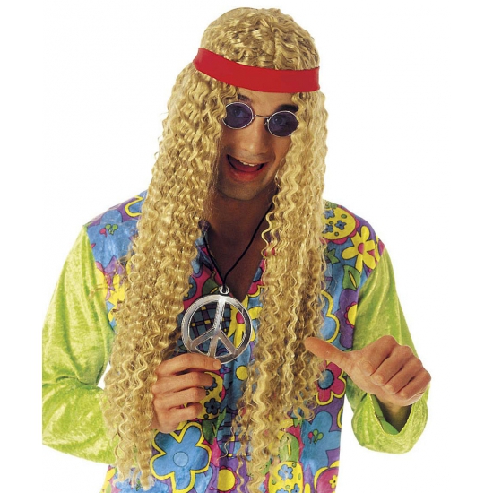 Hippie pruik met hoofdband - blond krullen - foute jaren 60 party - voor volwassenen -