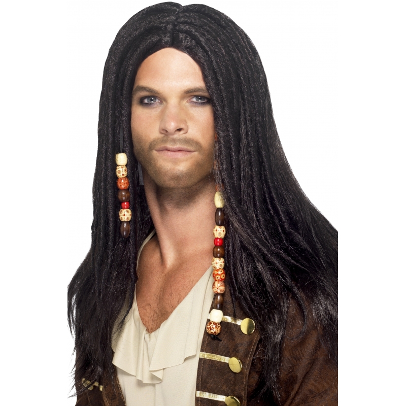 Piraten pruik met lange dreads en kralen -