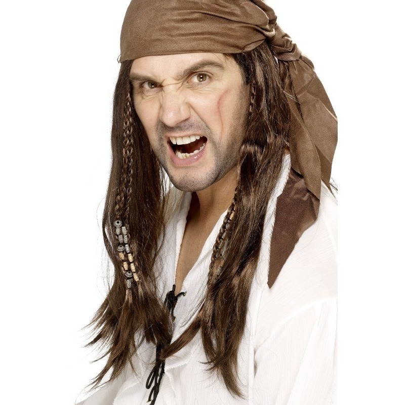 Bruine piratenpruik met bandana voor heren -