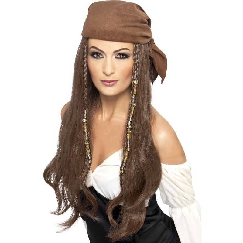 Carnaval verkleed piratenpruik met bandana - bruin - voor dames - damespruiken -