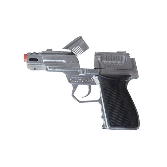 Speelgoed pistool - zilver - 15 cm - geschikt voor 8 shots plaffertjes - verkleedaccessoires -