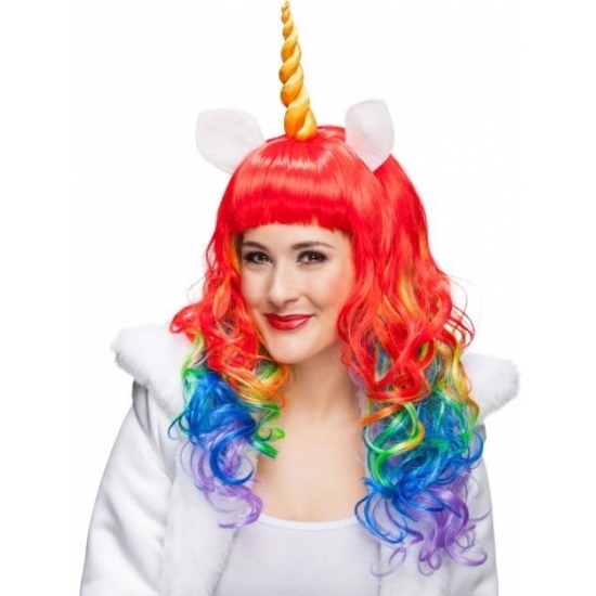 Eenhoorn/Unicorn verkleed pruik - dames - carnaval - met hoorn - regenboog kleuren -