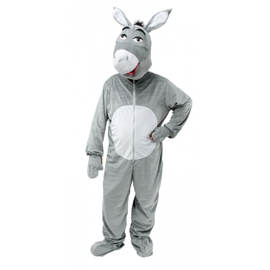 Carnaval verkleed dierenpak Ezel - grijs - volwassenen - grote kop - Donkey - Shrek - jumpsuit M/L -