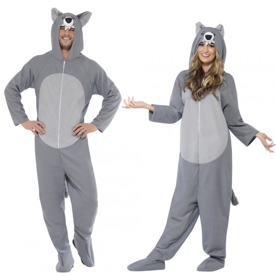 Wolf onesie kostuum - volwassenen - met capuchon - wolven pakken - verkleedkleding 42-52 (L) -
