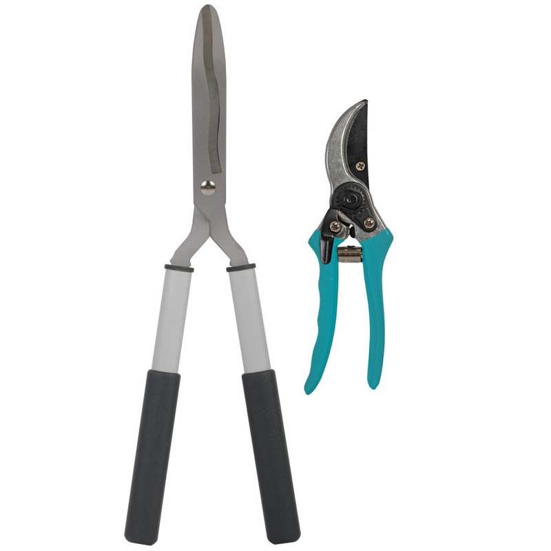 Tuingereedschap smalle heggenschaar en blauwe snoeischaar set -