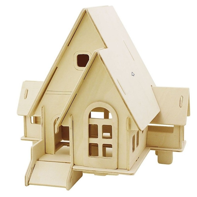 3D bouwpakket - huis met puntdak - 22 x 17 x 20 cm - triplex hout - knutselpakket -