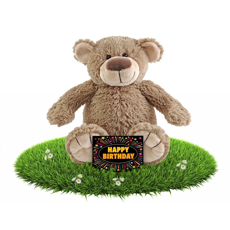 Verjaardag knuffel beer beige 22 cm + gratis verjaardagskaart -