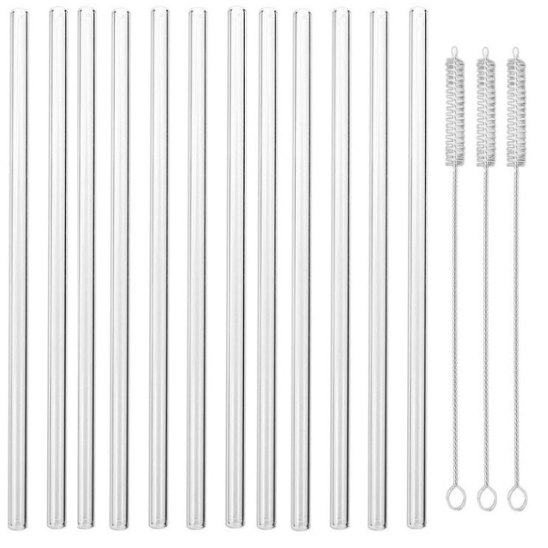 12x Glazen rietjes met borsteltjes 20 cm -