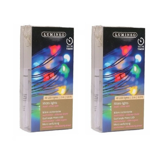 2x Timer draadverlichting zilverdraad 40 gekleurde lampjes -