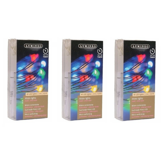 3x Timer draadverlichting zilverdraad 40 gekleurde lampjes -