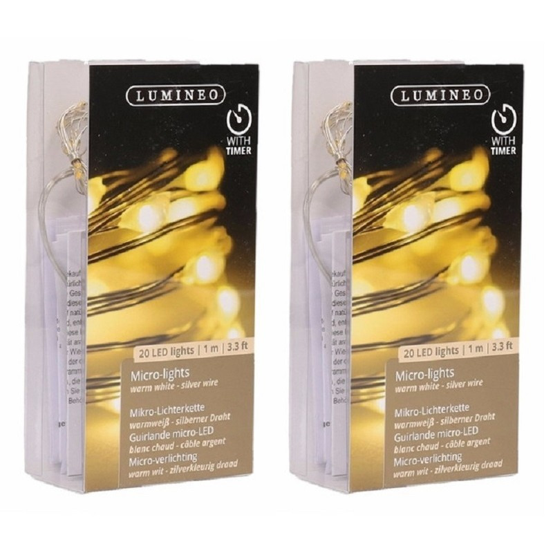 2x Timer draadverlichting zilver 20 warm witte lampjes - 95 cm -