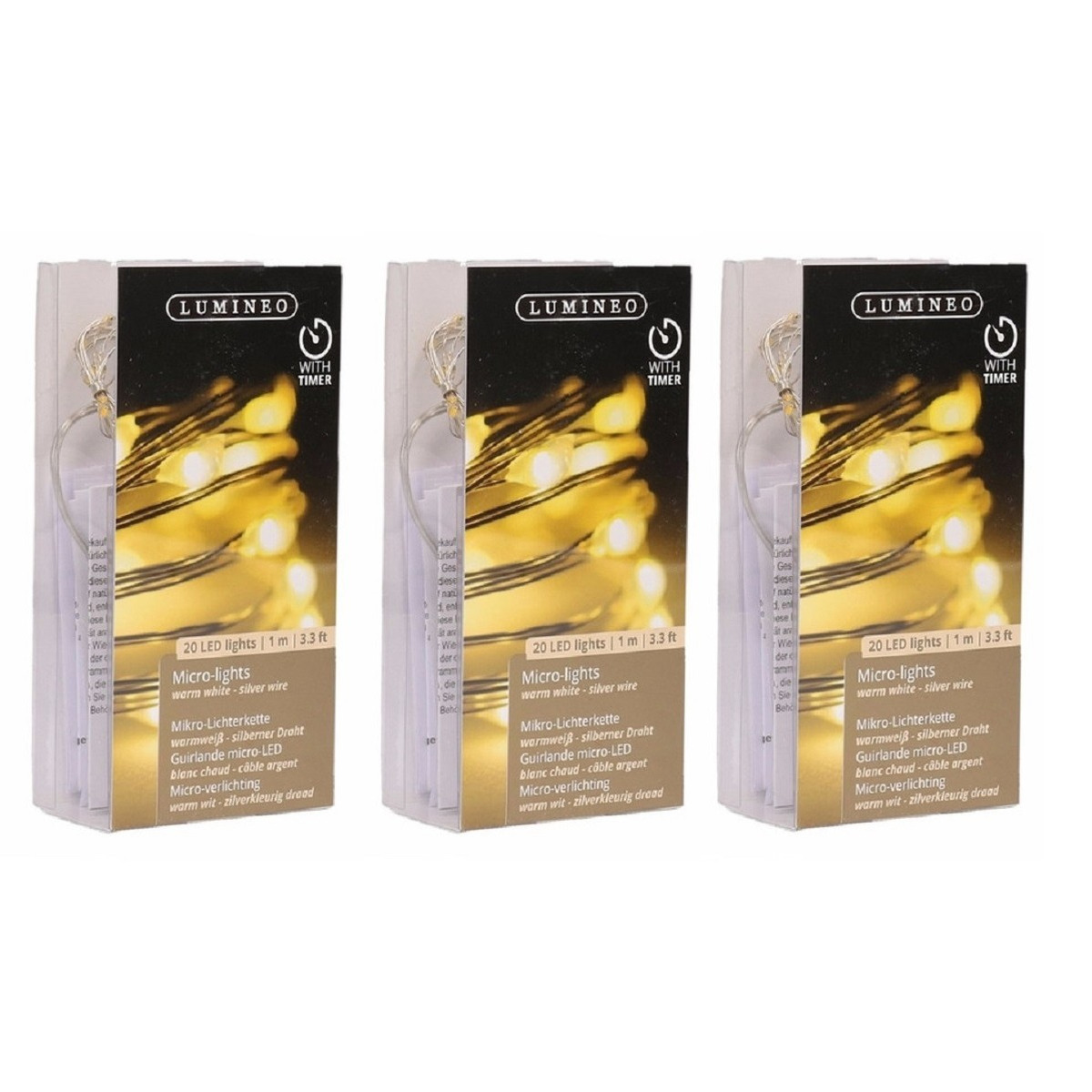 6x Timer draadverlichting zilver 20 warm witte lampjes - 95 cm -