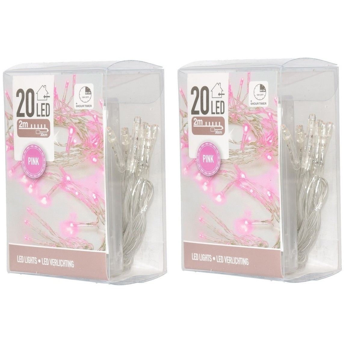 2x Roze lichtsnoeren clusterverlichting op batterijen 200 cm -