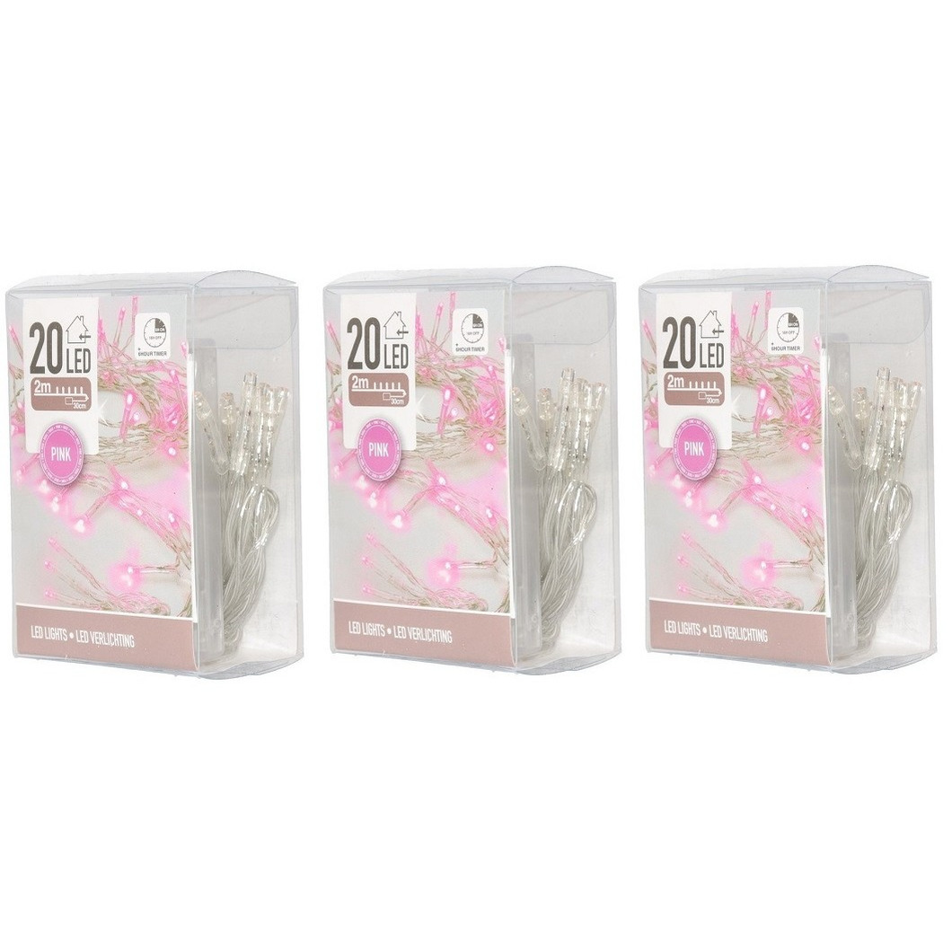 3x Roze lichtsnoeren clusterverlichting op batterijen 200 cm -