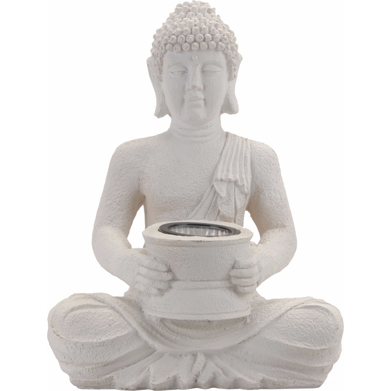 Boeddha beeldje - Solar lamp - wit - polystone tuindecoratie - sfeerverlichting - 28 cm -