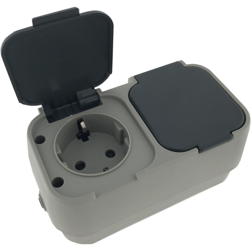 2x stuks wandstopcontact 2-voudig voor buiten met randaarde en klep grijs -