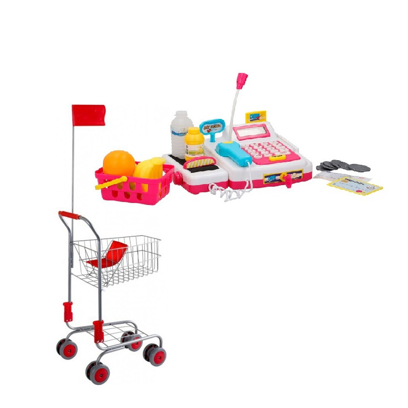 Complete supermarkt speelset kassa met winkelwagen en boodschappen -