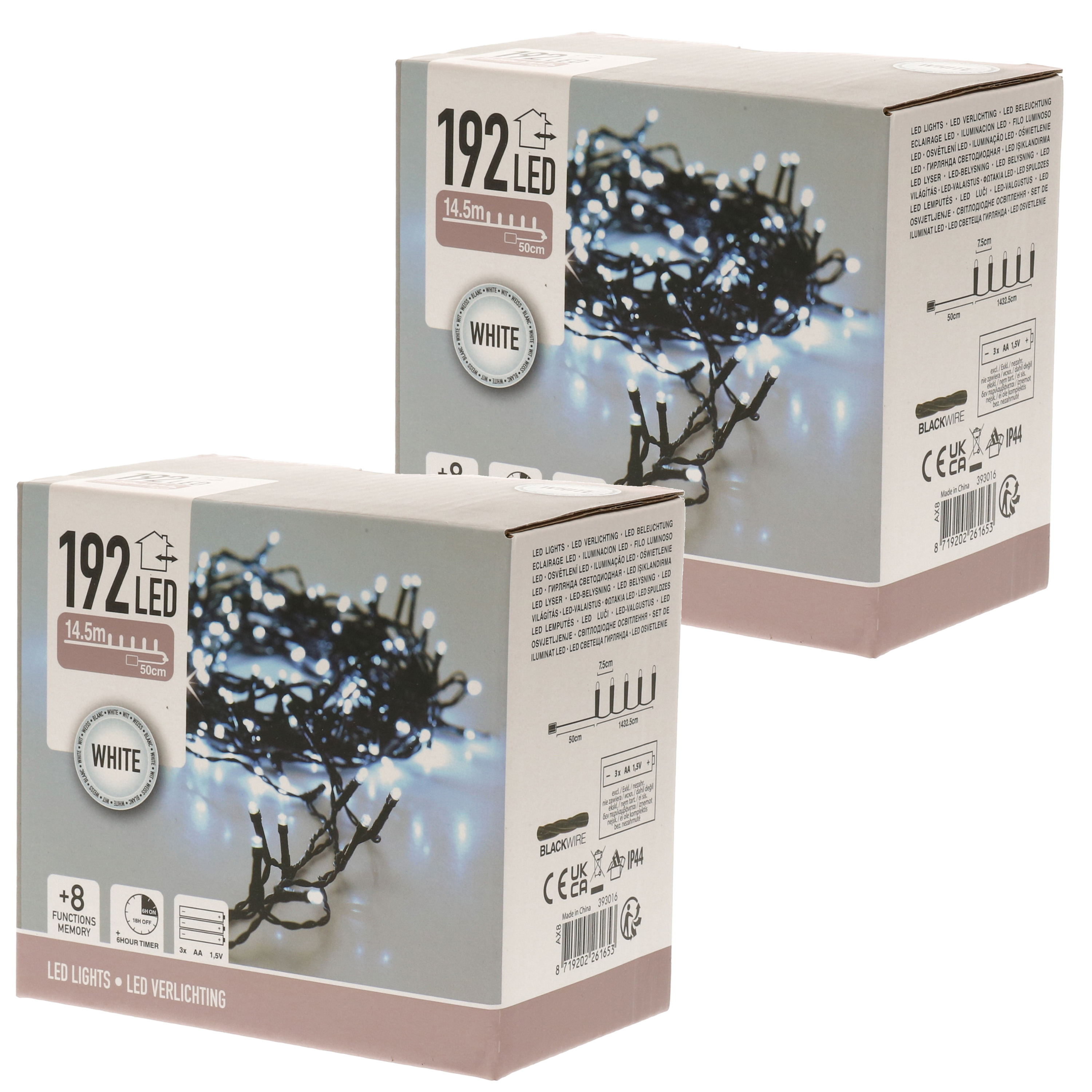 2x Kerstverlichting op batterij helder wit buiten 192 lampjes -