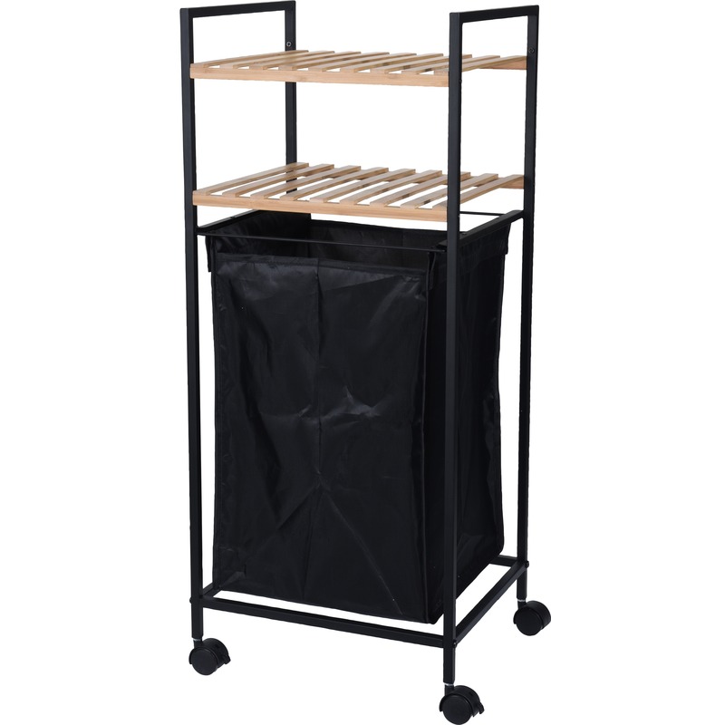 Bamboe houten badkamer kastje/trolley met wasmand 90 cm -